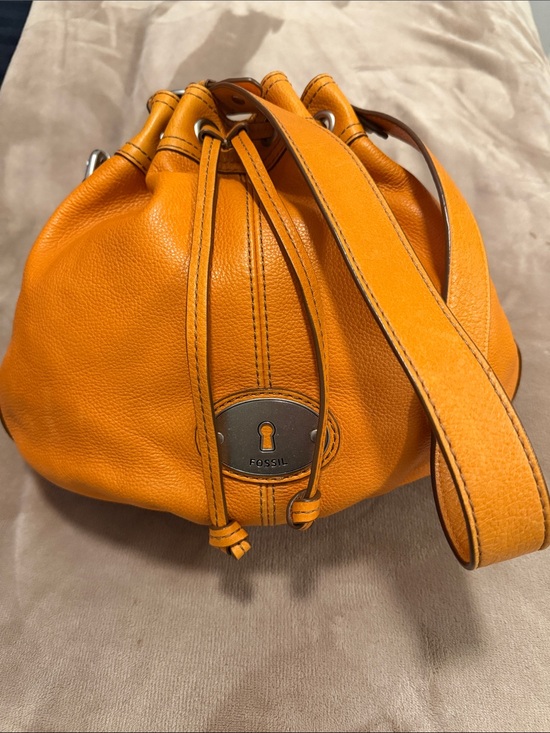 Fossil Handbags - Fossil Orange Pebbled Leather Drawstring Bucket Bag